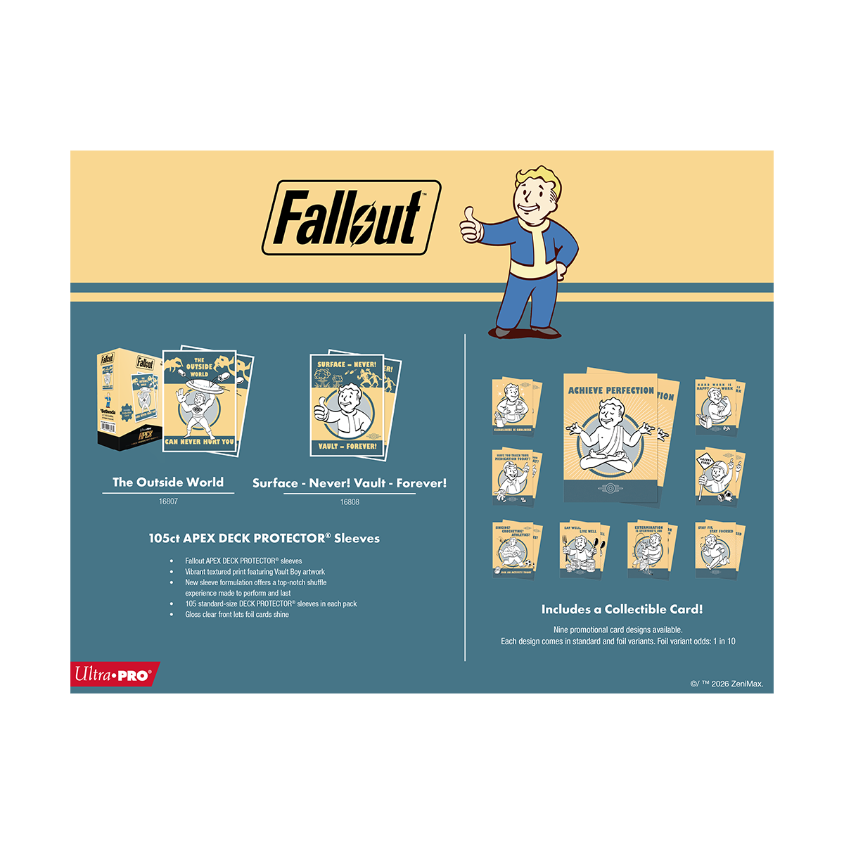Ultra PRO Fallout - Vault Boy - Surface - Never! Vault - Forever! 105ct APEX DECK PROTECTOR® Sleeves for Tabletop Gaming - Preorder - ETA: 30.09.2026