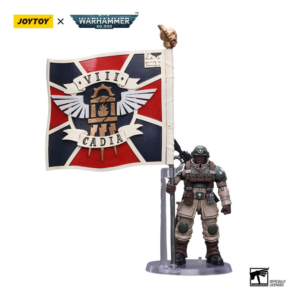 Warhammer 40k Actionfigur 1/18 Astra Militarum Cadian Command Squad Veteran with Regimental Standard 12 cm - Preorder - ETA: 12.12.2025