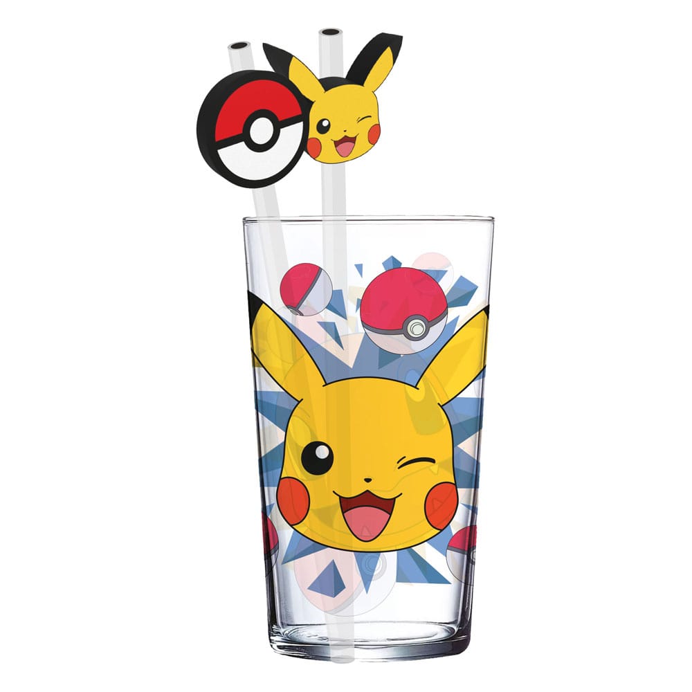 Pokémon Glas Tumbler mit Trinkhalmen Pikachu 485 ml - Versand: 5-7 Tage nach Bestellung