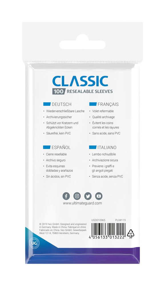 Ultimate Guard Classic Sleeves wiederverschließbar Standardgröße Transparent (100) - Versand: 5-7 Tage nach Bestellung