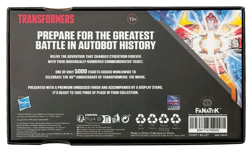 Transformers Replik The Movie 40th Anniversary Movie Ticket Limited Edition 9 x 16 cm - Preorder - ETA: 25.03.2027