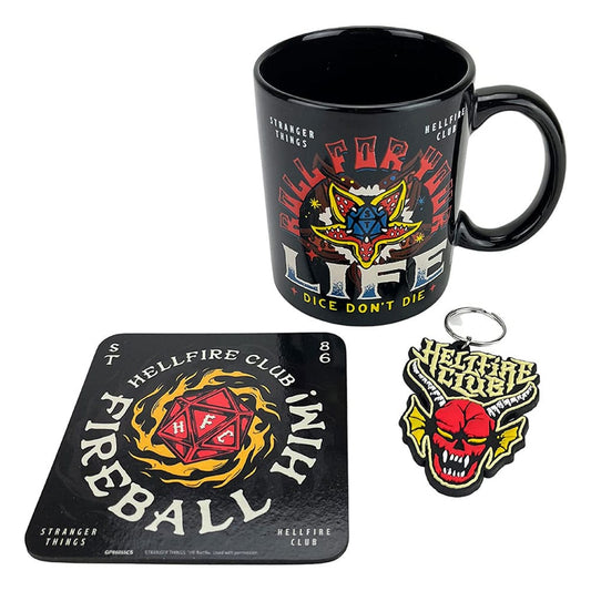 Stranger Things Tasse, Untersetzer und Schlüsselanhänger Set Hellfire  - Versand: 5-7 Tage nach Bestellung