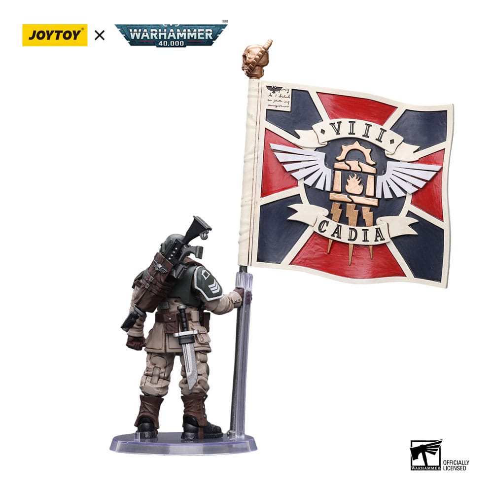 Warhammer 40k Actionfigur 1/18 Astra Militarum Cadian Command Squad Veteran with Regimental Standard 12 cm - Preorder - ETA: 12.12.2025