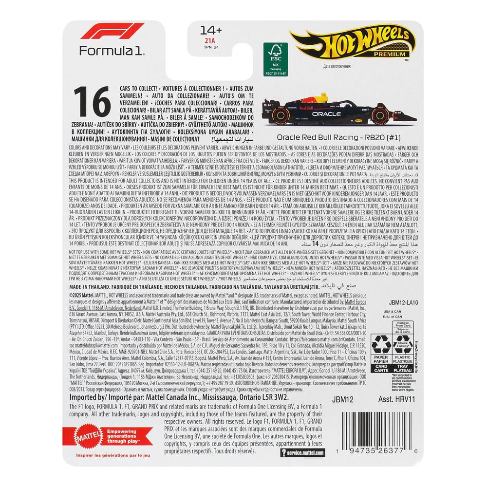 Formel 1 Hot Wheels Premium Diecast Modellauto 1/64 Oracle Red Bull Racing RB20 (#1) (Max Verstappen 2024) - Versand: 7 Tage nach Bestellung