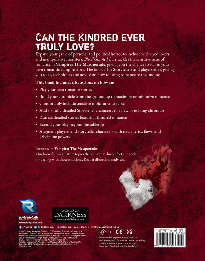 Vampire: The Masquerade 5th Edition RPG Buch Blood-Stained Love Sourcebook *Englische Version* - Versand: 7 Tage nach Bestellung