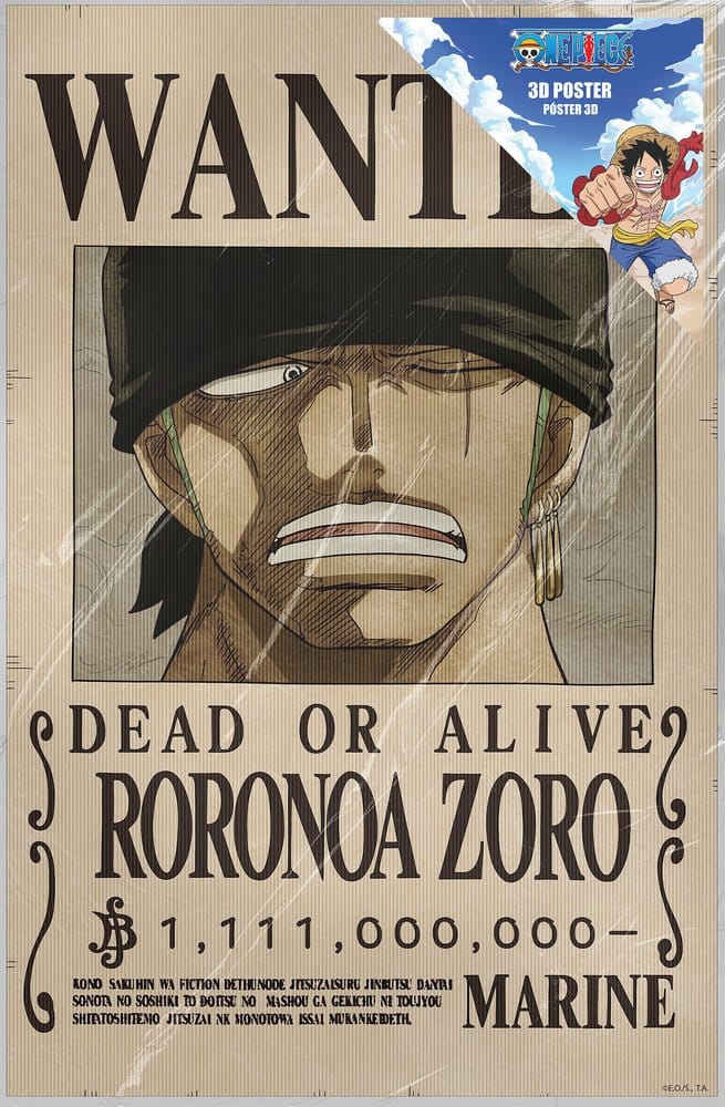 One Piece 3D Poster Wanted Roronoa Zoro 38 x 58 cm - Preorder - ETA: 25.09.2026