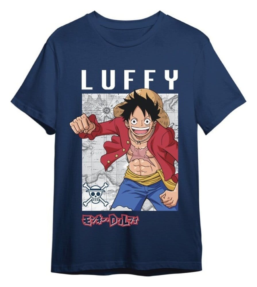 One Piece T-Shirt Monkey D. Ruffy Mapa Denim Größe L - Preorder - ETA: 25.08.2026