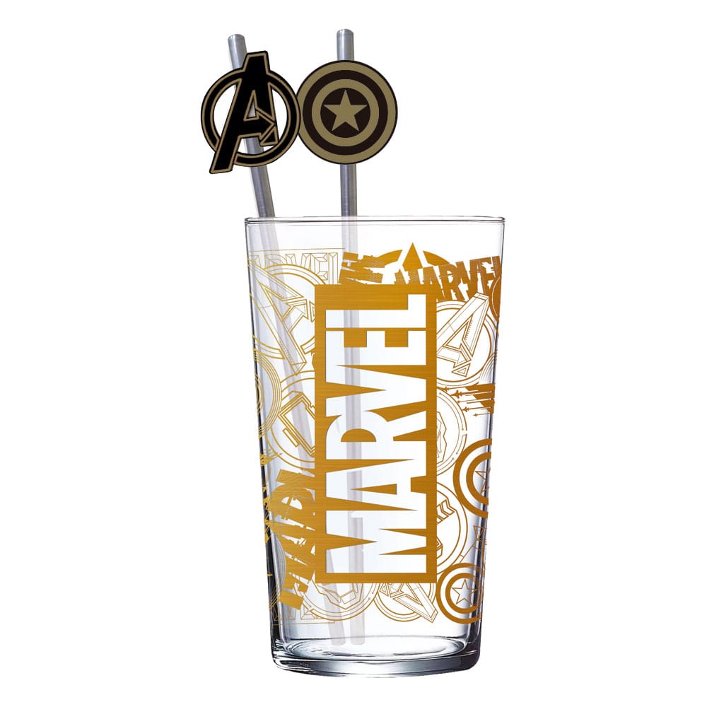 Marvel Glas Tumbler mit Trinkhalmen Logo & Avengers 485 ml - Versand: 5-7 Tage nach Bestellung