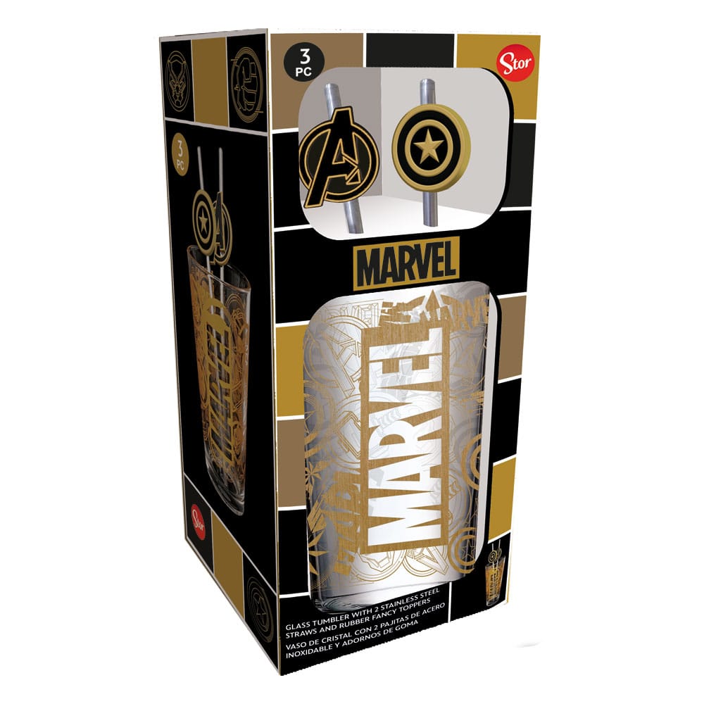 Marvel Glas Tumbler mit Trinkhalmen Logo & Avengers 485 ml - Versand: 5-7 Tage nach Bestellung