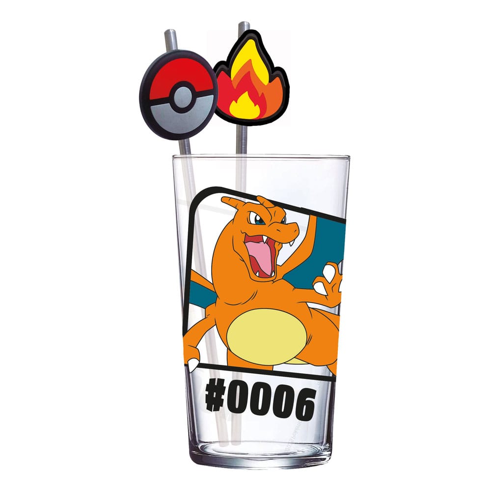 Pokémon Glas Tumbler mit Trinkhalmen Glurak 480 ml    - Versand: 7 Tage nach Bestellung