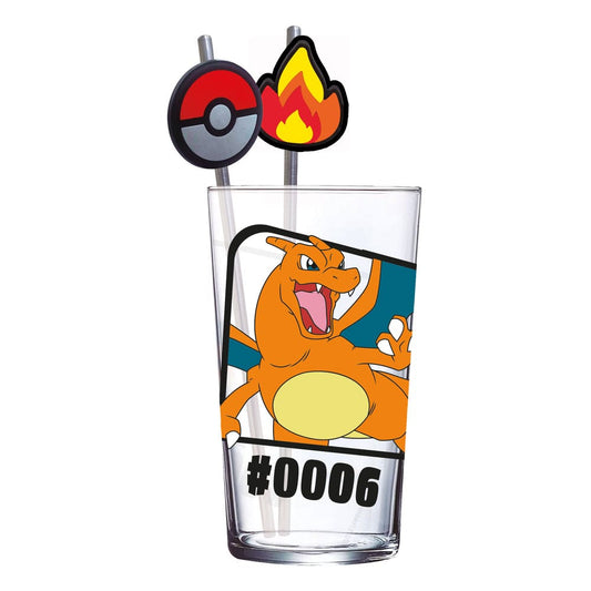 Pokémon Glas Tumbler mit Trinkhalmen Glurak 480 ml    - Versand: 7 Tage nach Bestellung