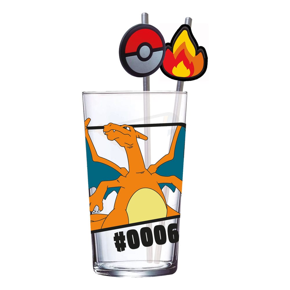 Pokémon Glas Tumbler mit Trinkhalmen Glurak 480 ml    - Versand: 7 Tage nach Bestellung