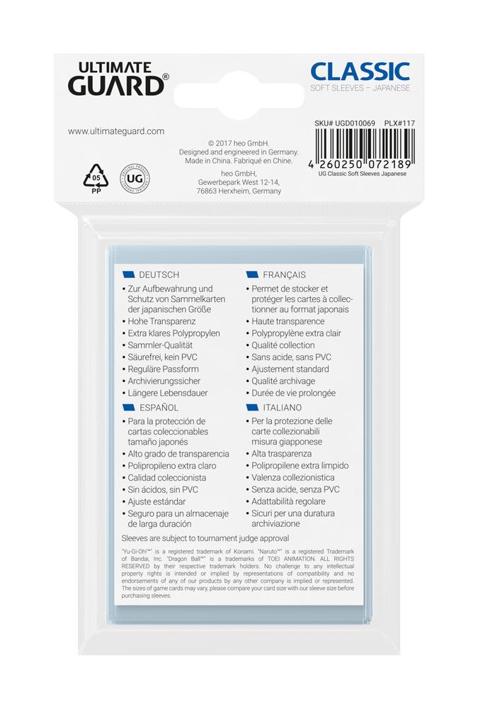 Ultimate Guard Classic Soft Sleeves Japanische Größe Transparent (100) - Versand: 5-7 Tage nach Bestellung